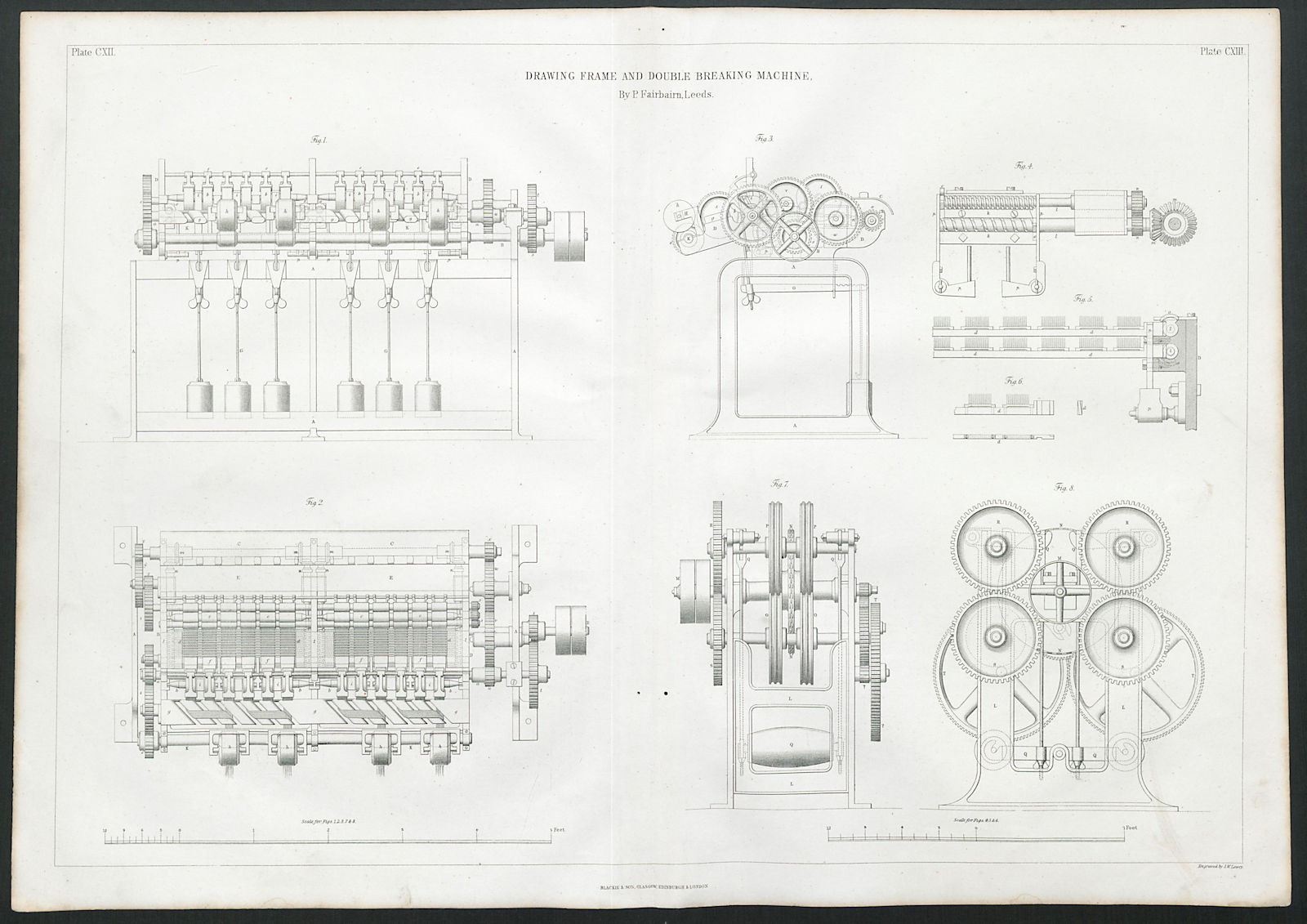 19C ENGINEERING DRAWING Drawing frame & breaking machine. Fairbairn, Leeds 1847