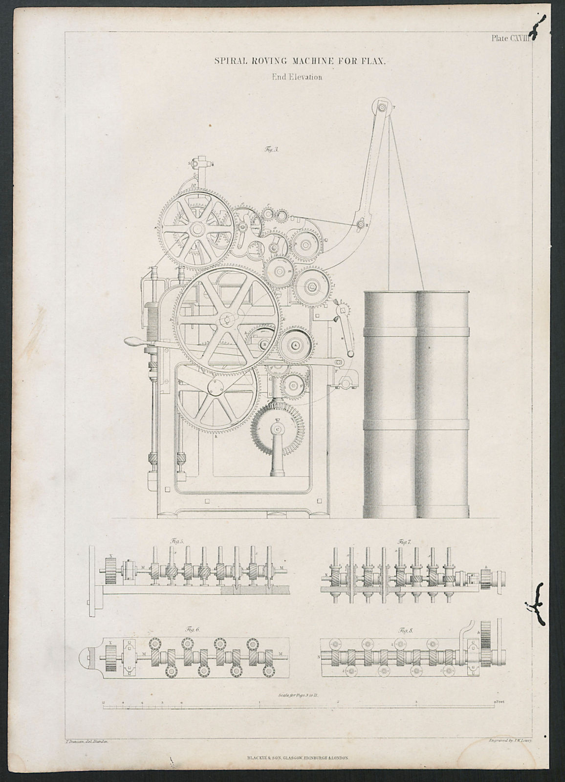 VICTORIAN ENGINEERING DRAWING Spiral roving machine for flax end elevation 1847