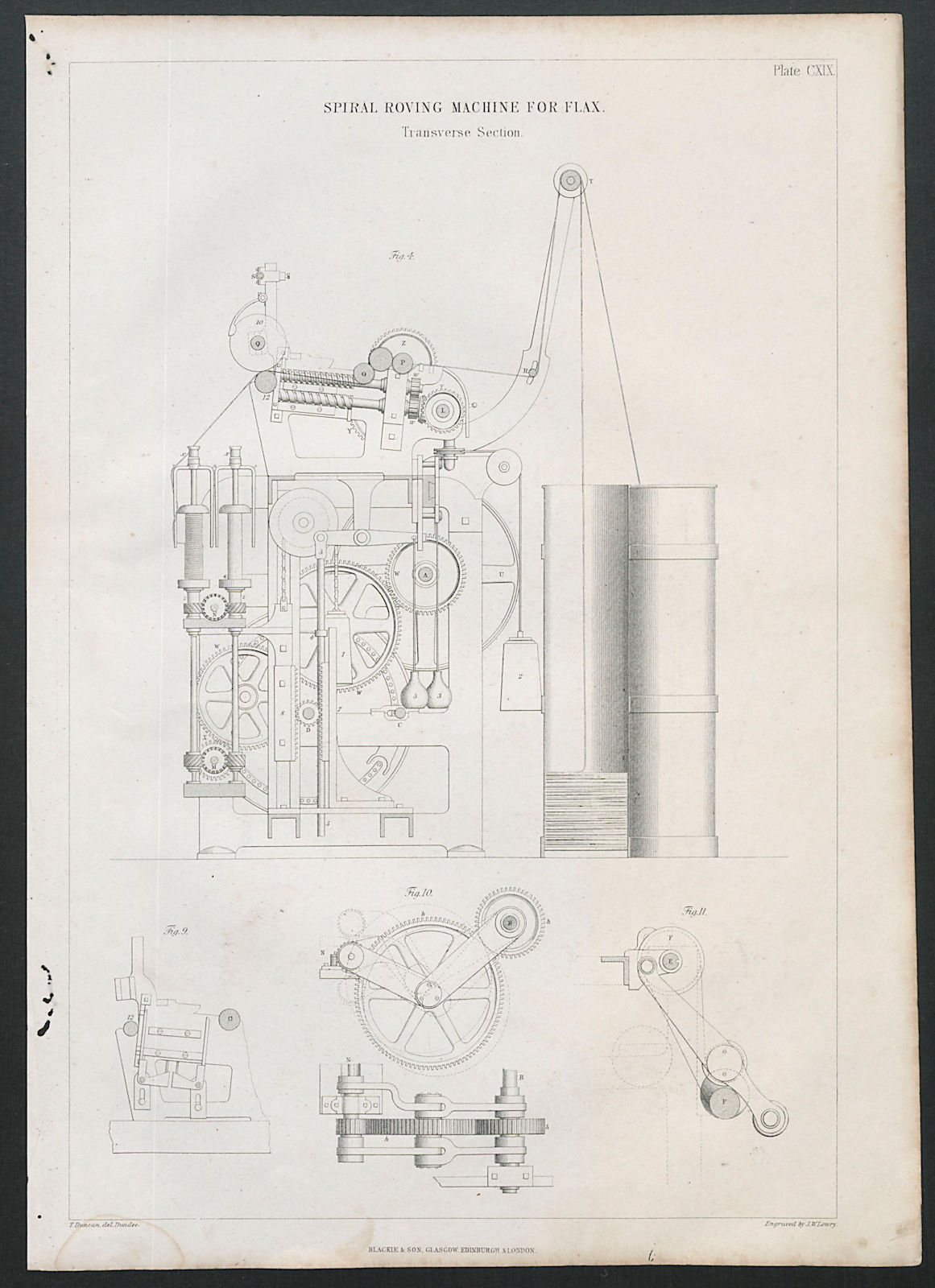 VICTORIAN ENGINEERING DRAWING Spiral roving machine for flax, section 1847