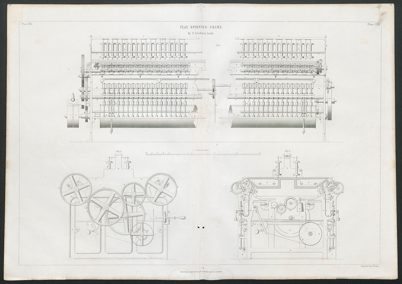 VICTORIAN ENGINEERING DRAWING Flax spinning frame by P. Fairbairn, Leeds 1847