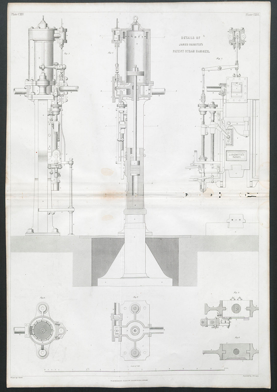 VICTORIAN ENGINEERING DRAWING James Nasmyth's patent steam hammer details 1847