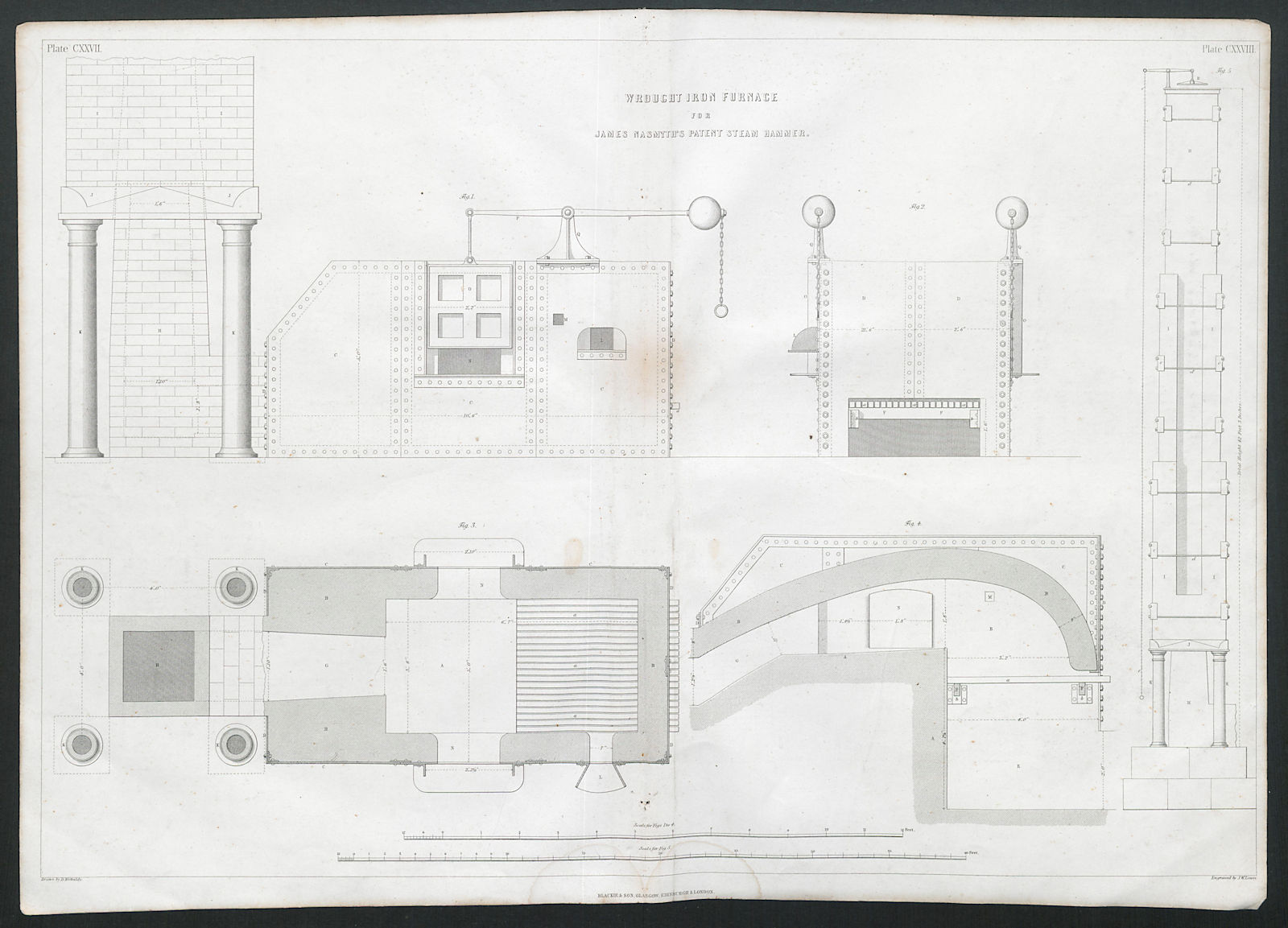 19C ENGINEERING DRAWING Wrought iron furnace. Nasmyth's patent steam hammer 1847