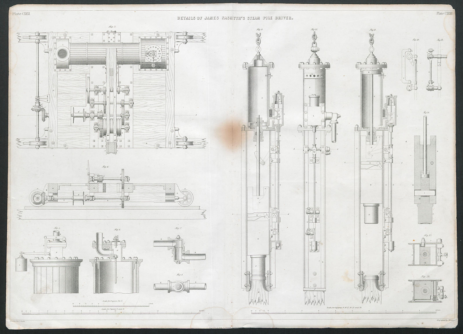 VICTORIAN ENGINEERING DRAWING James Nasmyth's steam pile driver details 1847