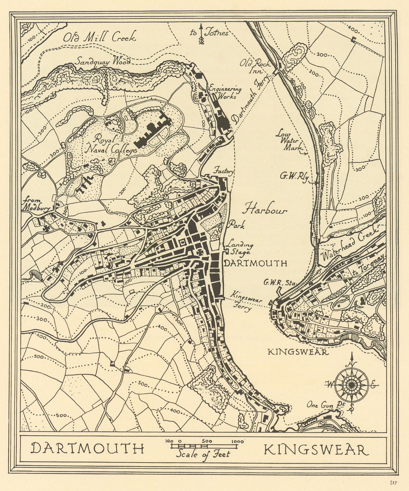 Town plan of DARTMOUTH & KINGSWEAR Devon by William Harding Thompson 1932 map