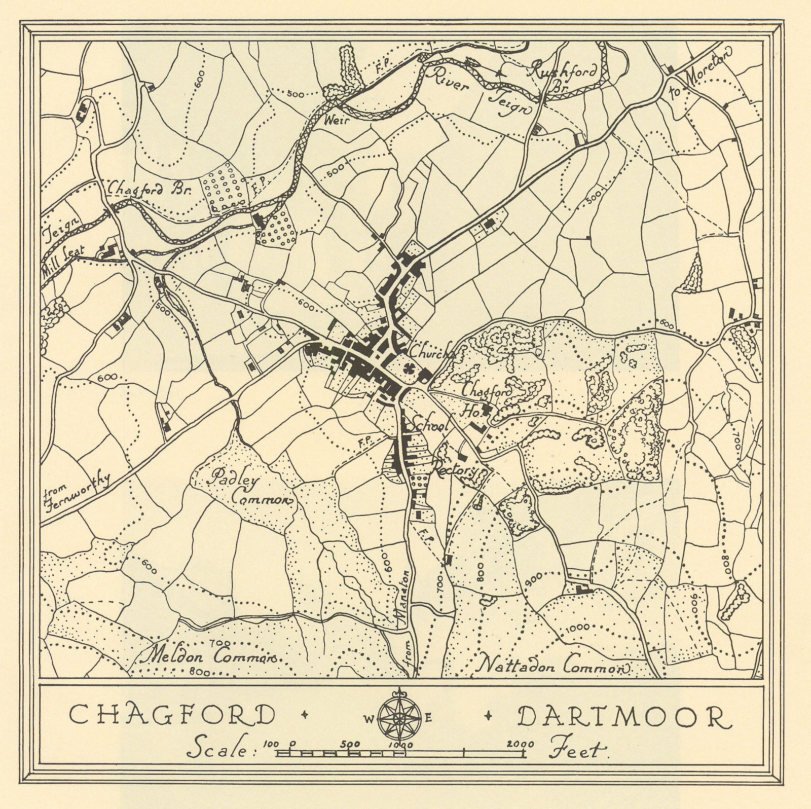 Associate Product Town plan of CHAGFORD Dartmoor Devon by William Harding Thompson 1932 old map