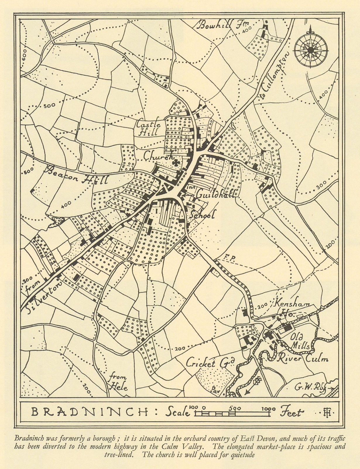 Town plan of BRADNINCH Devon by William Harding Thompson 1932 old vintage map