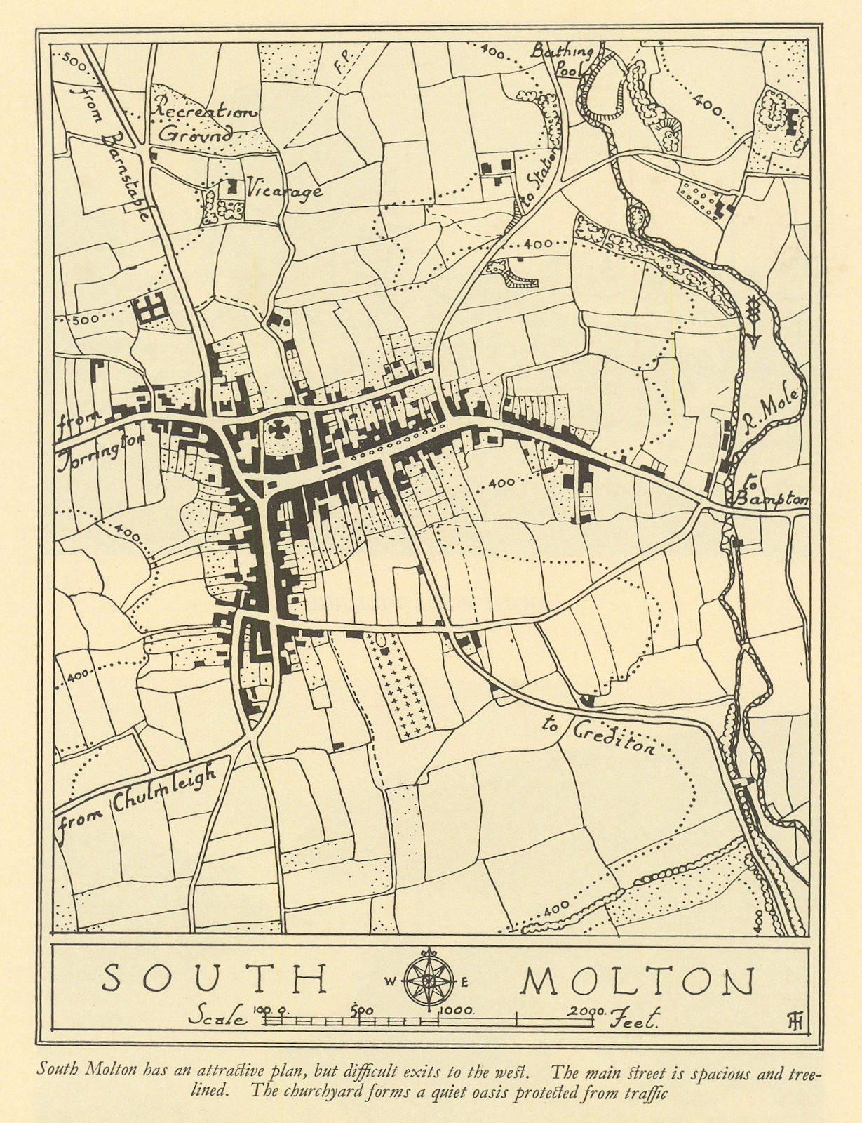 Town plan of SOUTH MOLTON Devon by William Harding Thompson 1932 old map