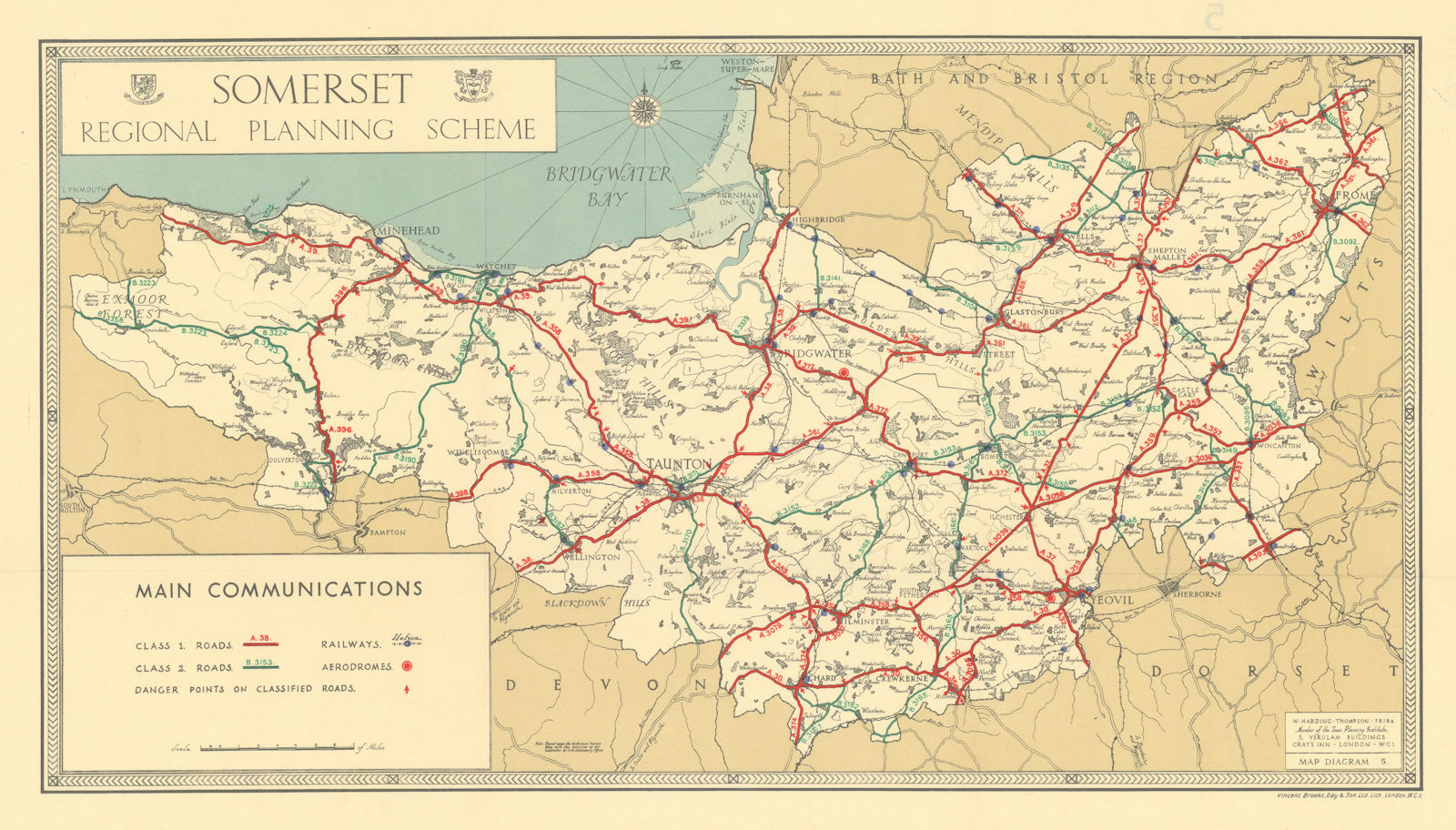 Somerset regional plan main A & B roads by William Harding Thompson 1934 map