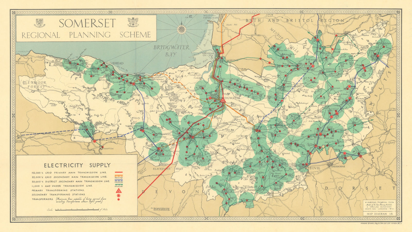 Somerset electricity supply areas & transmission lines HARDING THOMPSON 1934 map