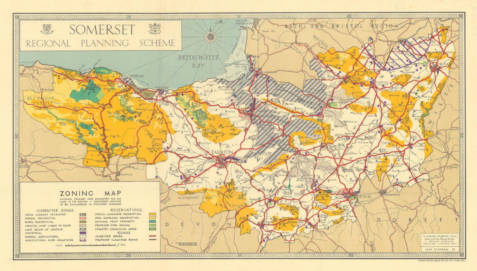 Somerset regional plan Zoning map. Proposed AONBs. HARDING THOMPSON 1934