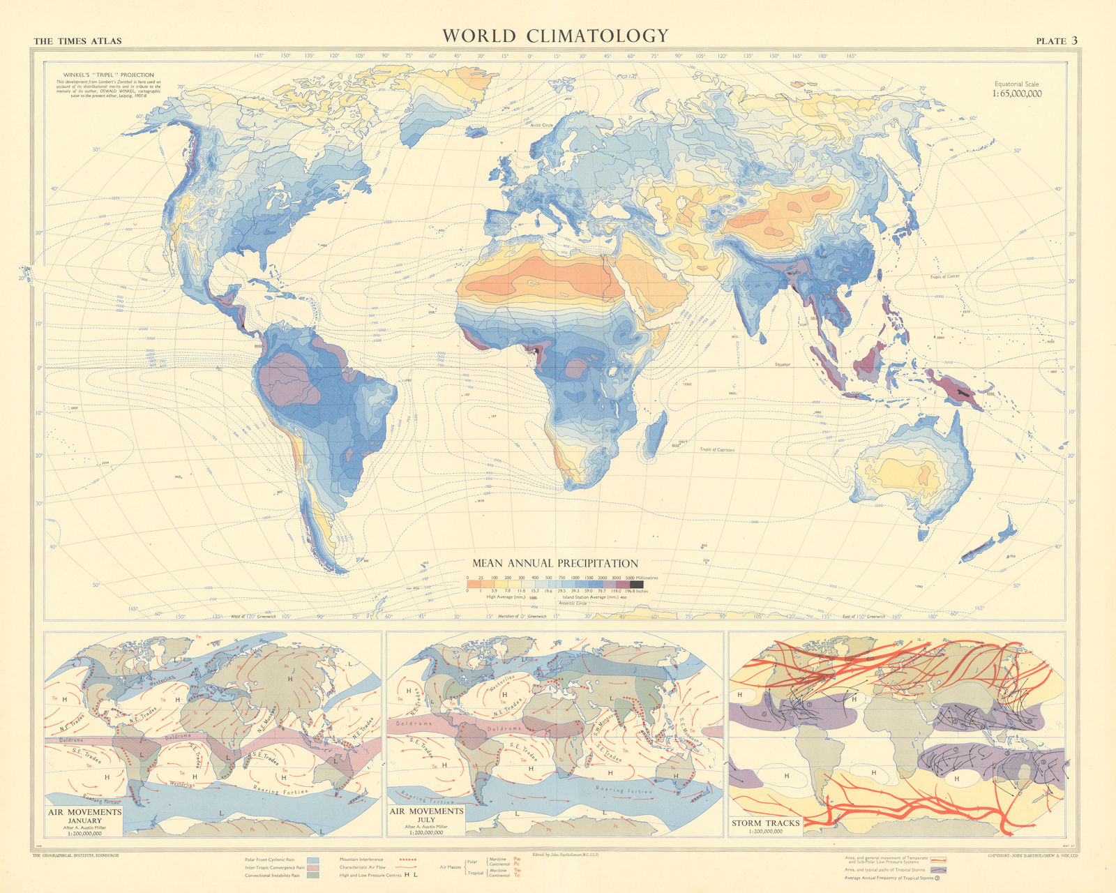 World Climatology. Precipitation, Air movements, Storm tracks. TIMES 1958 map