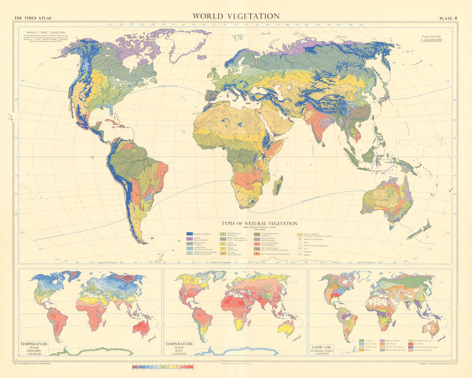 World Vegetation. Temperature & Land use. TIMES 1958 old vintage map chart