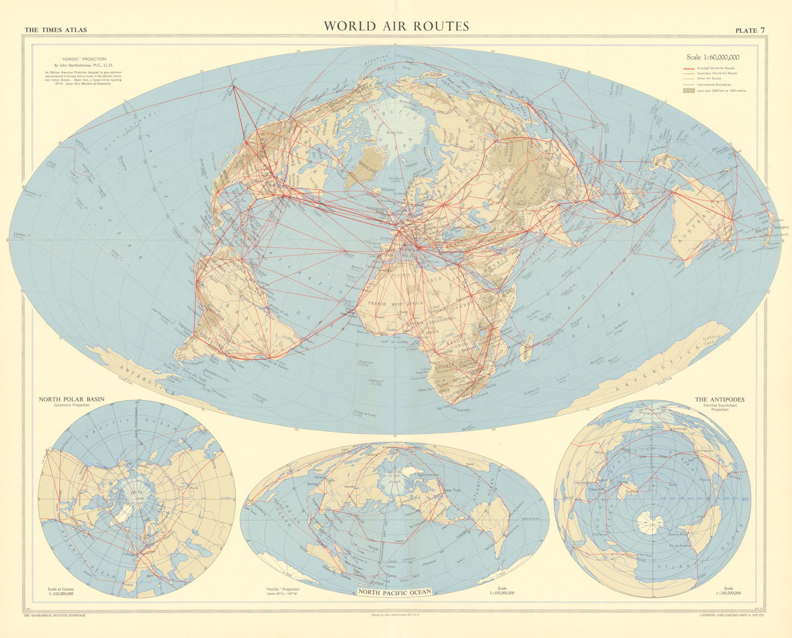 World air routes - Nordic projection. TIMES 1958 old vintage map plan chart