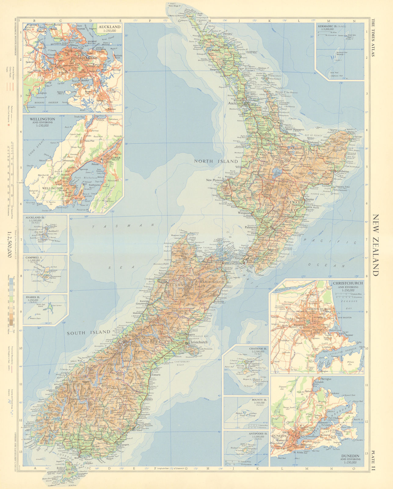 New Zealand. Auckland Wellington Christchurch Dunedin. TIMES 1958 old map