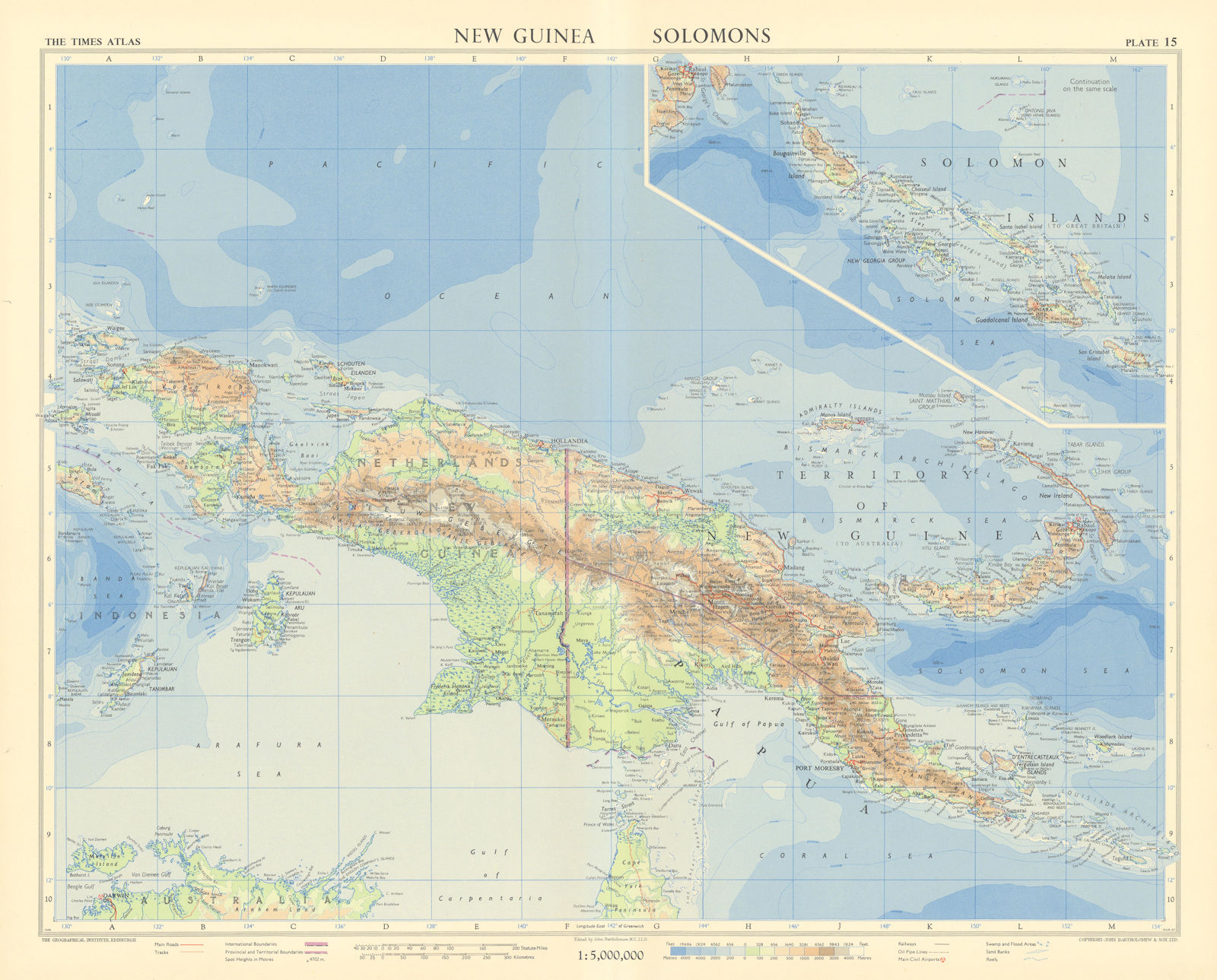 Netherlands New Guinea & Papua. Solomon Islands. Melanesia. TIMES 1958 old map