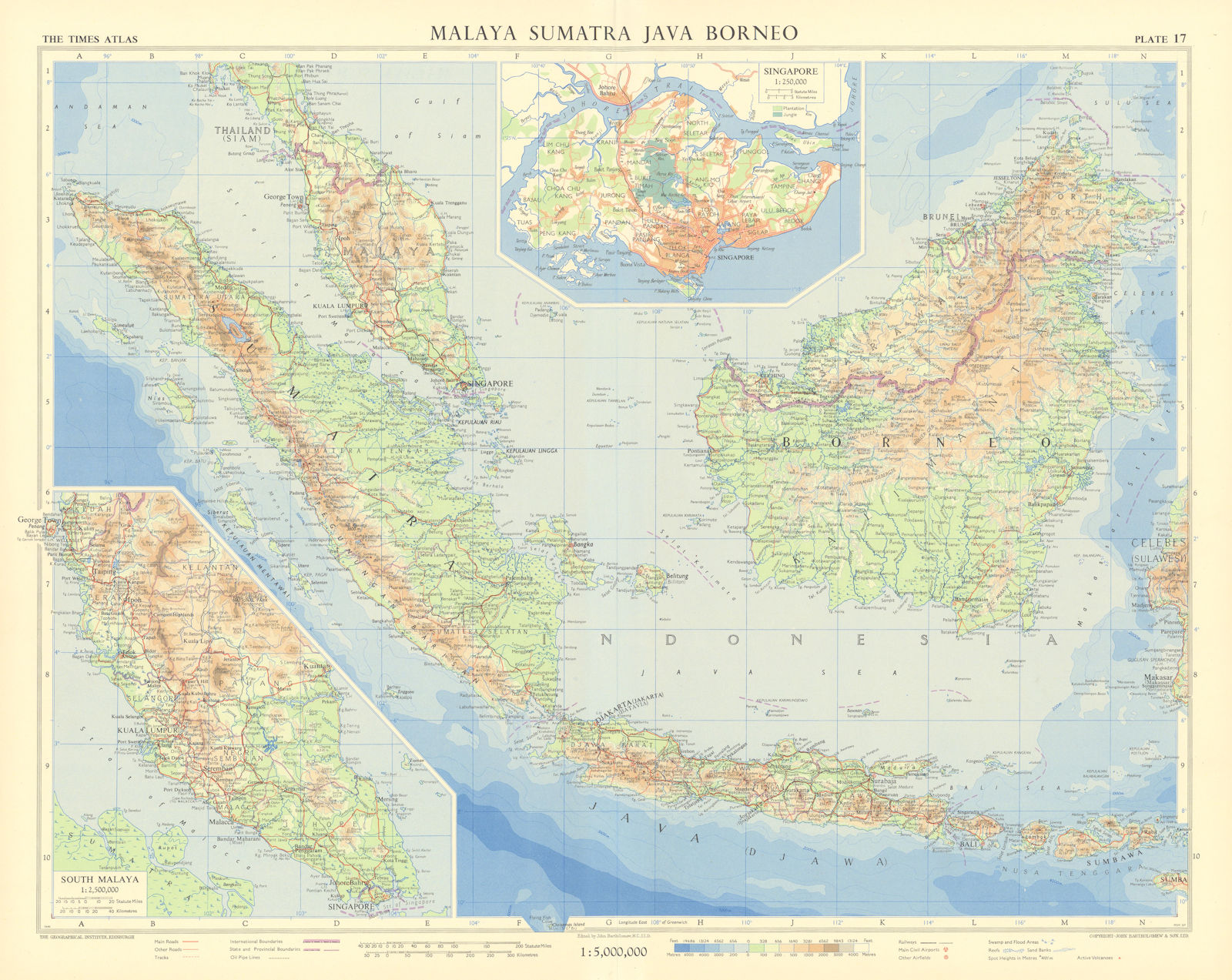 Malaya Sumatra Java Borneo Singapore. Indonesia Malaysia. TIMES 1958 old map