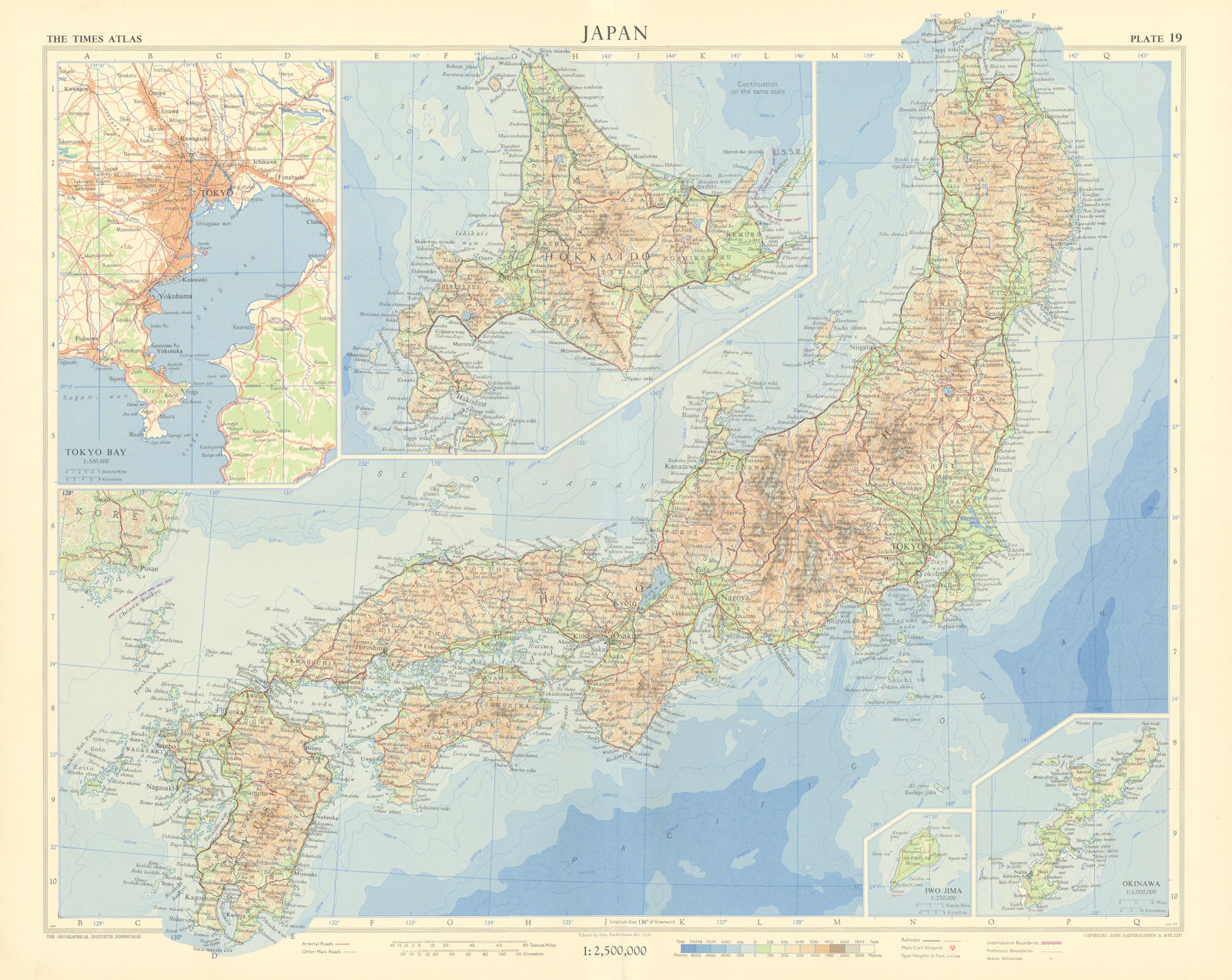 Japan. Tokyo Bay. Hokkaido. Iwo Jima. Okinawa. TIMES 1958 old vintage map