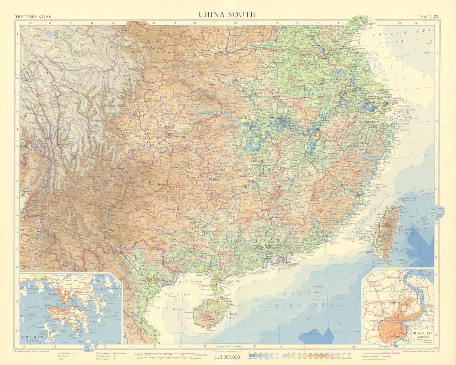 Southern China south. Hong Kong. Shanghai. Mongolia. TIMES 1958 old map
