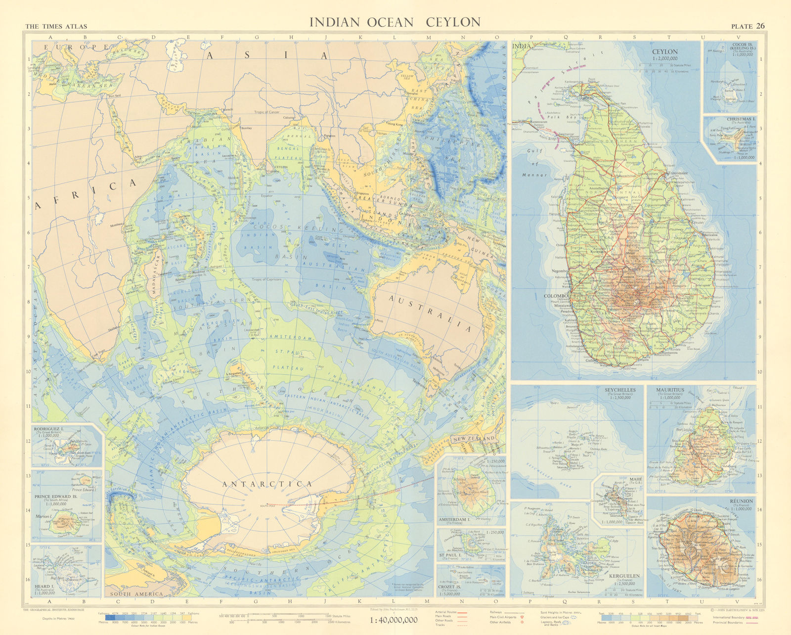 Indian Ocean islands. Ceylon Seychelles Mauritius Reunion. TIMES 1959 old map
