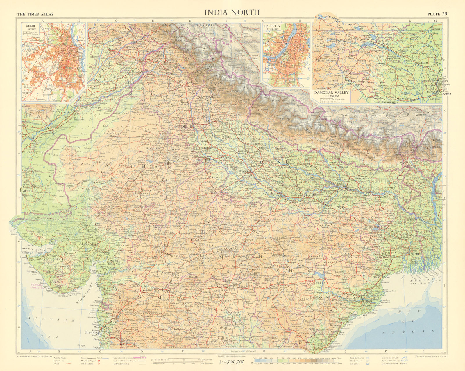 Northern India. Delhi. Calcutta. Damodar valley. Nepal. TIMES 1959 old map