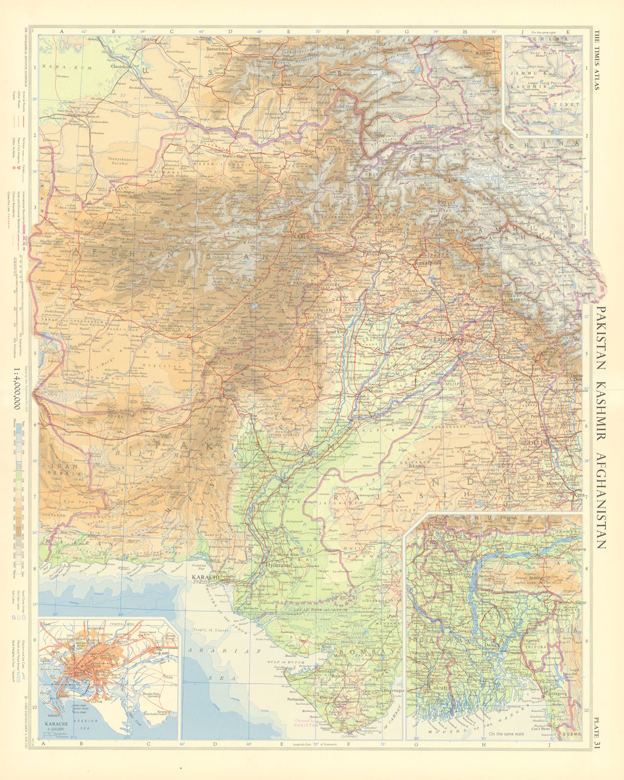 Pakistan & Afghanistan. Karachi. Punjab Himalaya. TIMES 1959 old vintage map