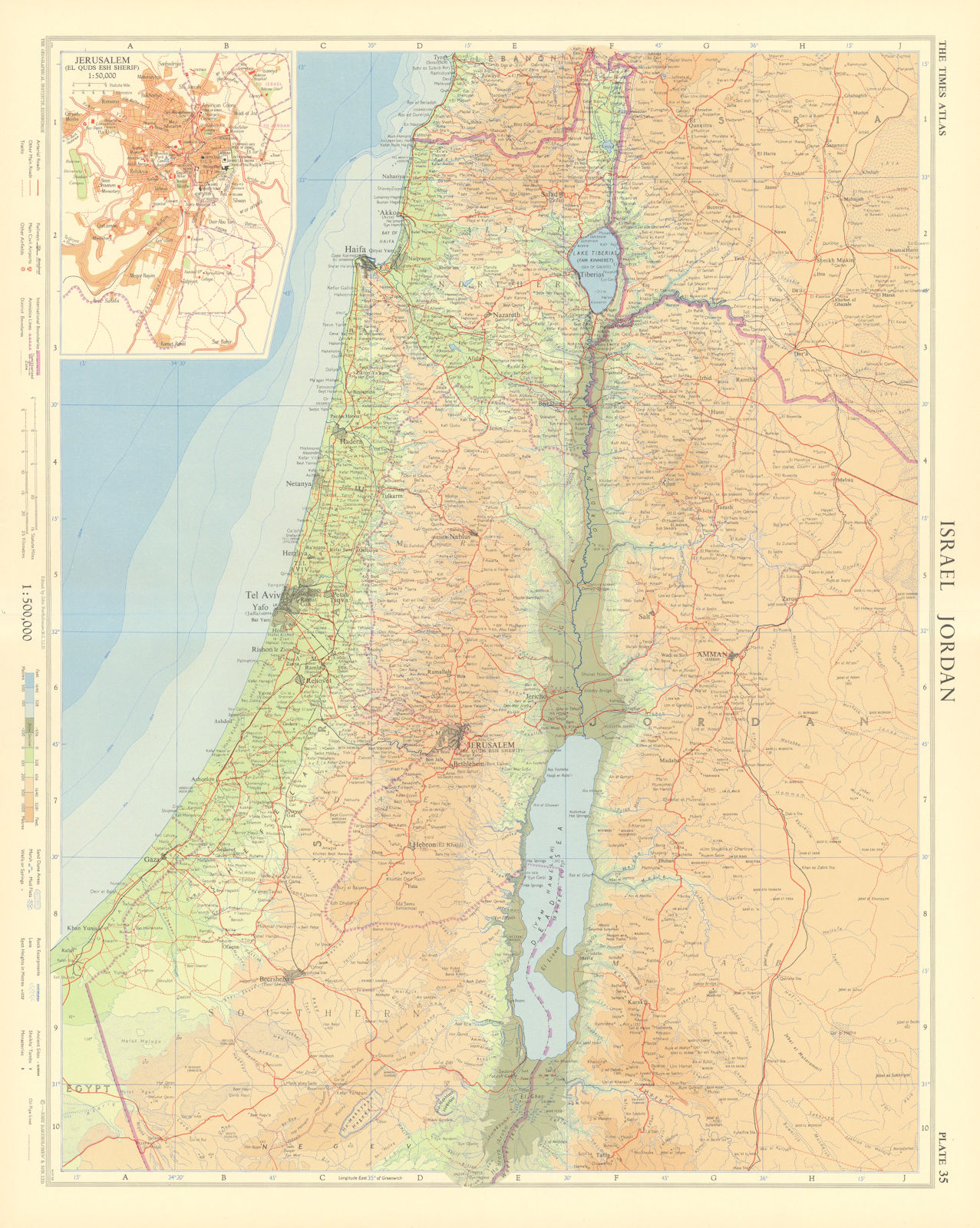 Israel & Jordan. West Bank armistice line. Jerusalem plan. TIMES 1959 old map