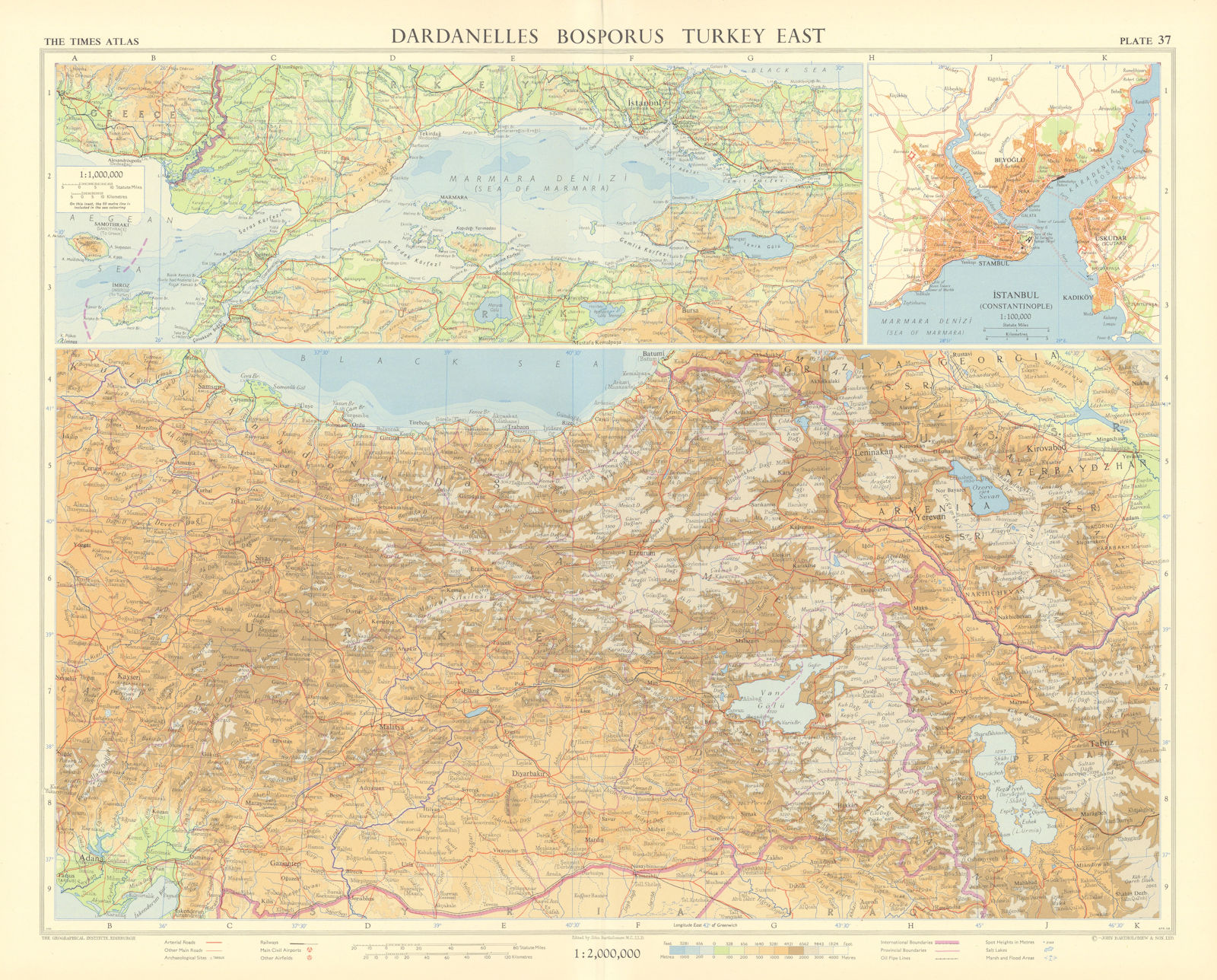 Eastern Turkey. Dardanelles. Bosphorus. Sea of Marmara. Istanbul. TIMES 1959 map