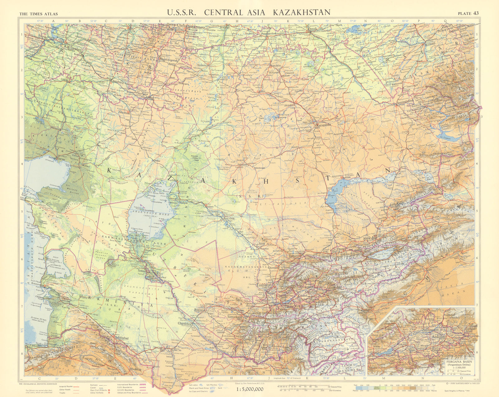 USSR Central Asia. Kazakhstan Uzbekistan Turkmeniya Aral Sea. TIMES 1959 map