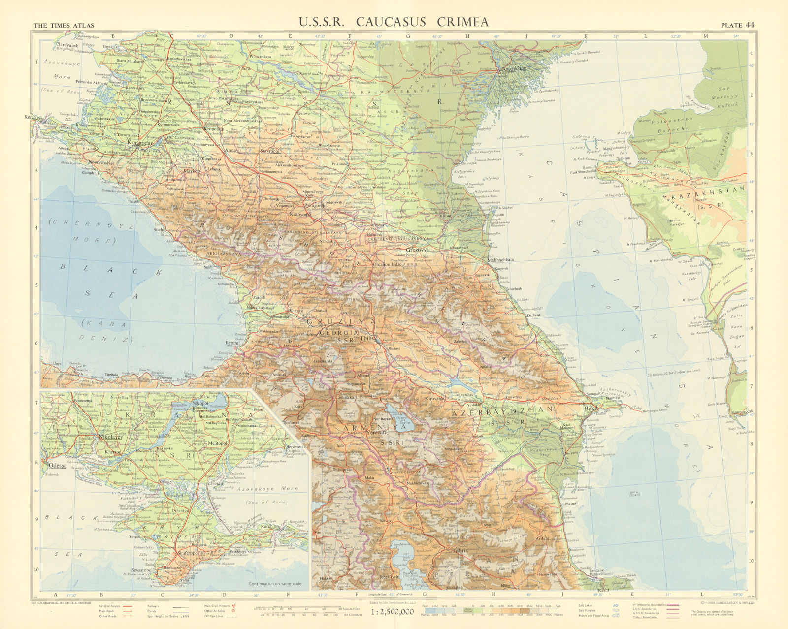 USSR Caucasus. Georgia Azerbaydzhan Azerbaijan Armeniya Armenia. TIMES 1959 map
