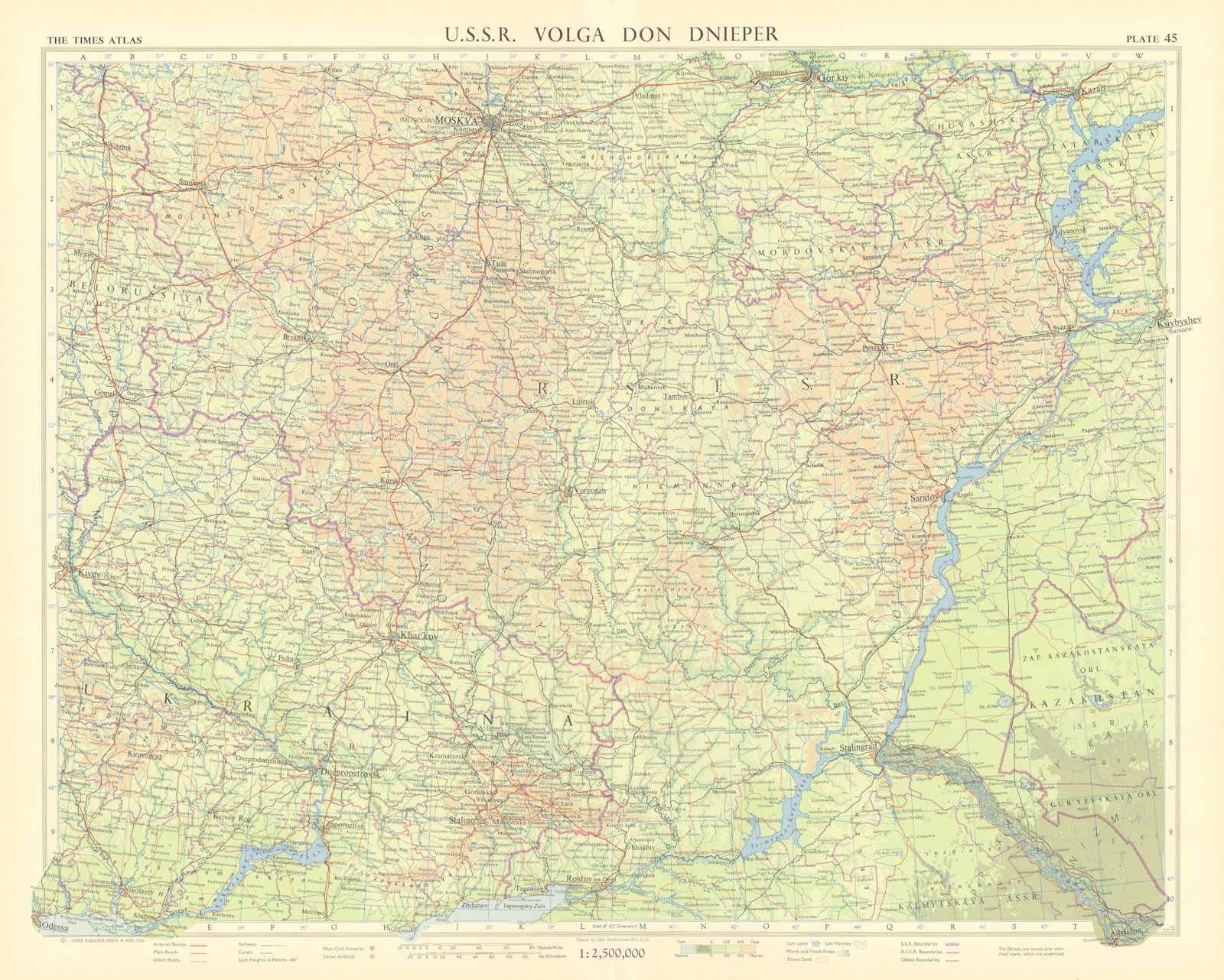 Southern Russia. NE Ukraine. USSR. Volga Don Dnieper. TIMES 1959 old map