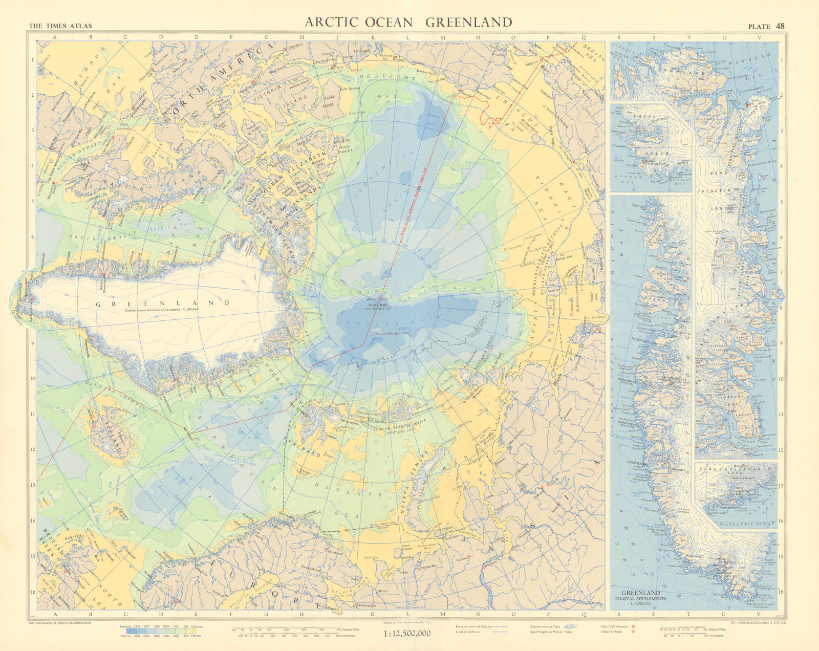 Arctic Ocean. Greenland coastal settlements. Nautilus route. TIMES 1959 map