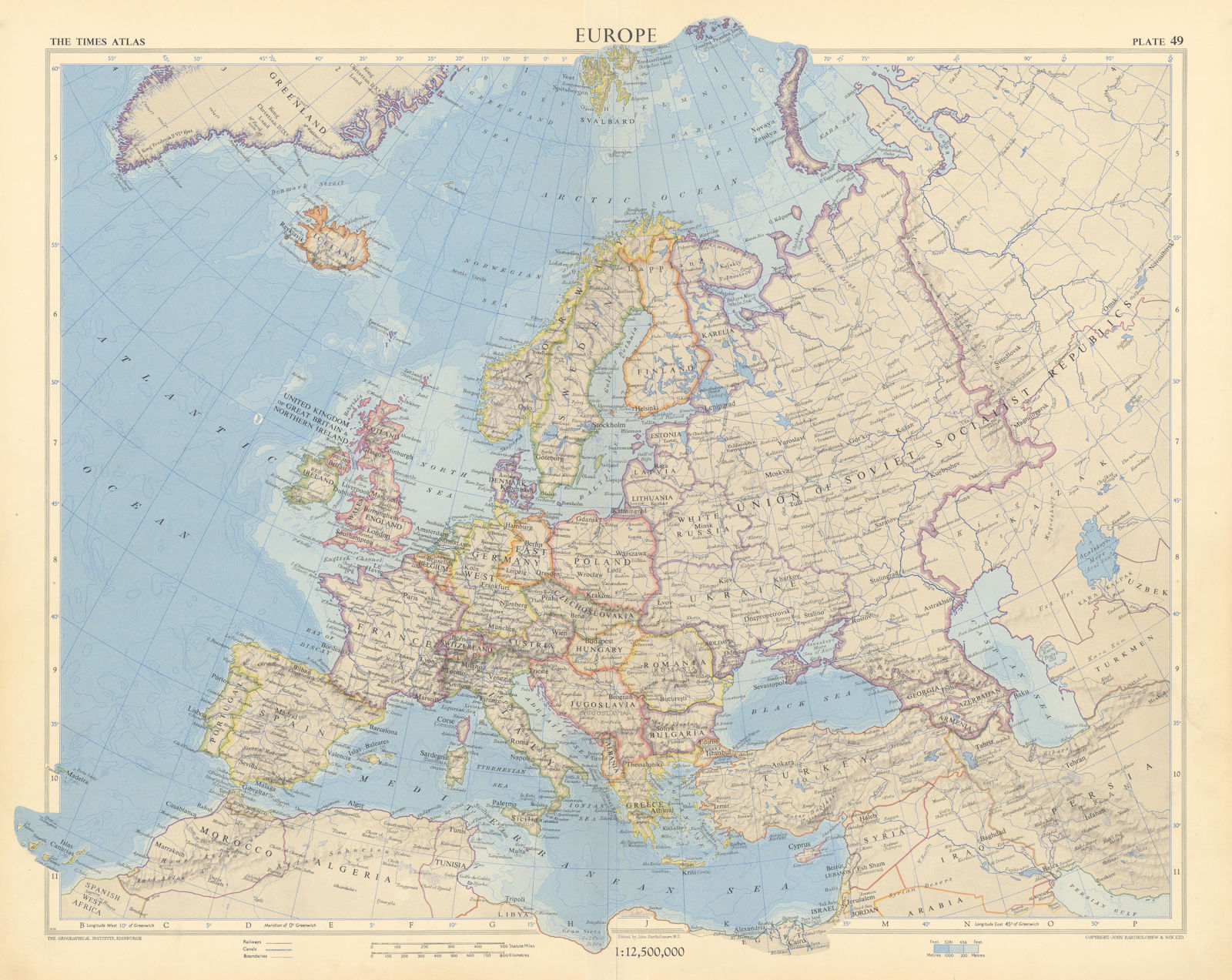 Associate Product Cold war Europe. USSR West & East Germany Jugoslavia. TIMES 1955 map