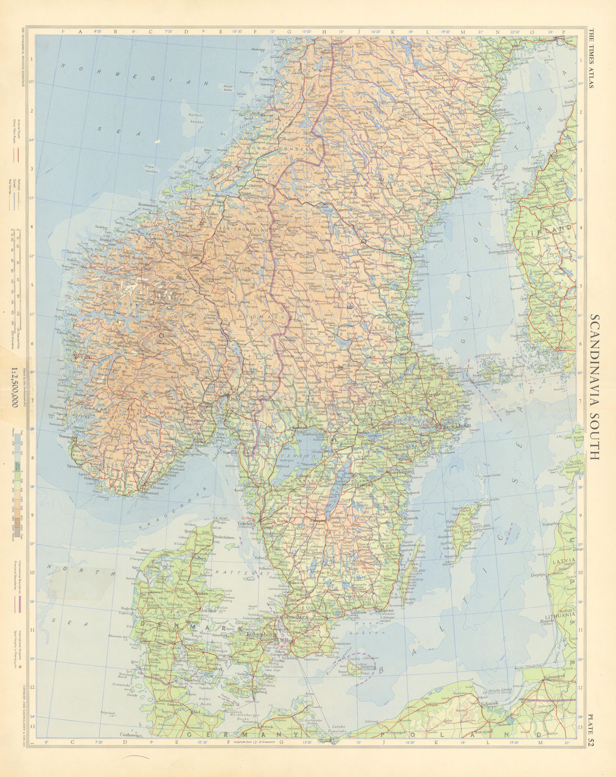 Southern Scandinavia. Norway Sweden Denmark. TIMES 1955 old vintage map chart
