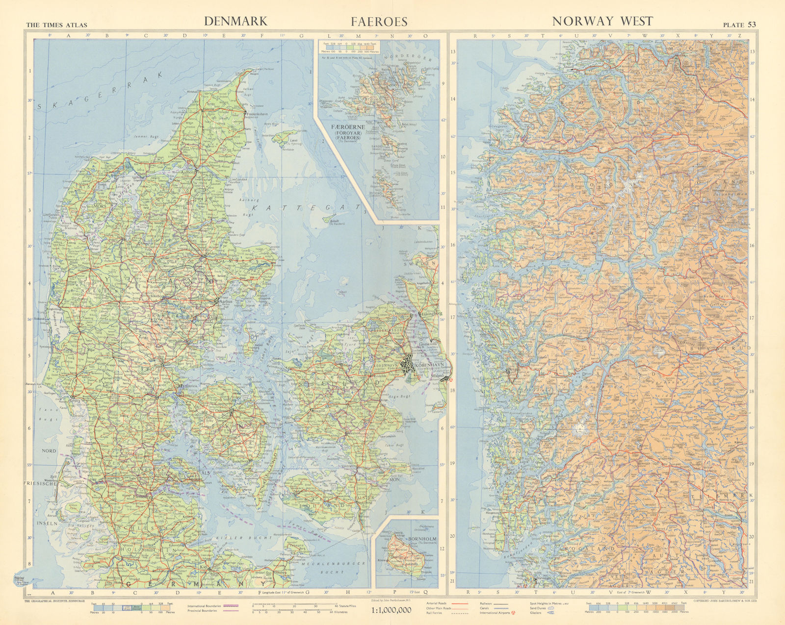 Denmark & western Norway. Fjords. Faeroe islands. TIMES 1955 old vintage map