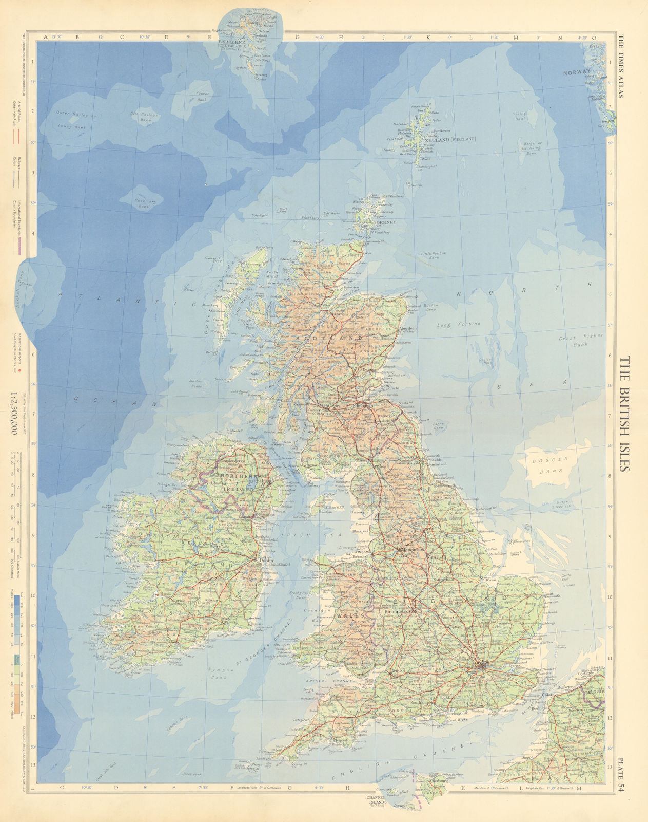 Associate Product The British Isles. TIMES 1955 old vintage map plan chart