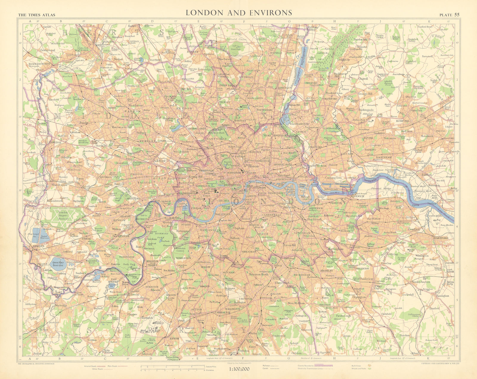 Associate Product Greater London. Railways canals electricity transmission lines. TIMES 1955 map