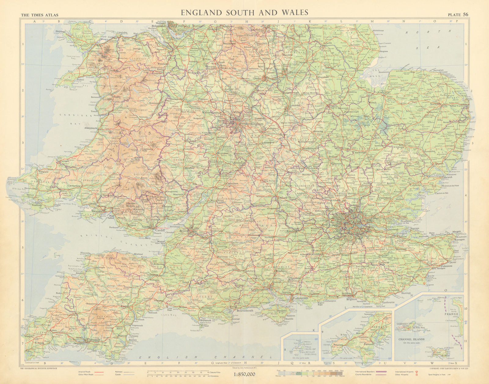 Southern England and Wales. Road network pre motorways. TIMES 1955 old map