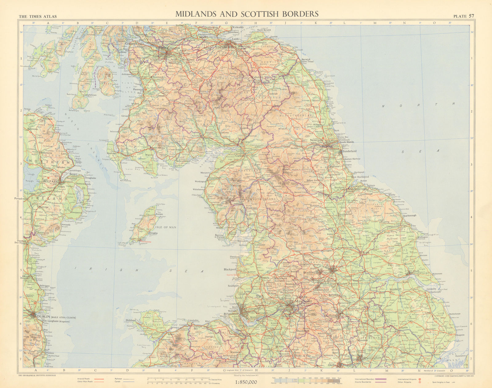 Associate Product Northern England & Wales. Scottish borders. Roads pre motorways. TIMES 1955 map