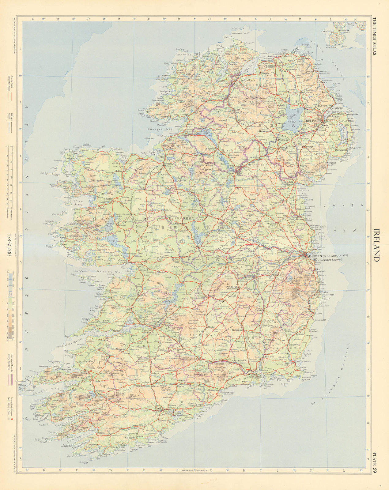 Ireland. Road network. TIMES 1955 old vintage map plan chart