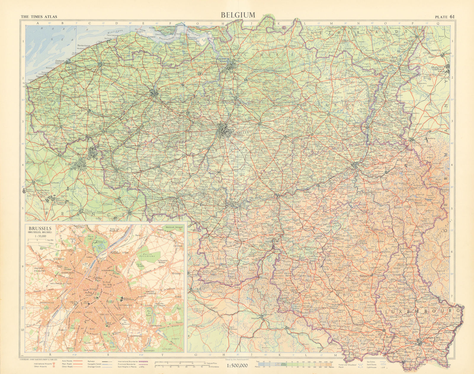 Belgium. Brussels Bruxelles plan. Road network. Autoroutes. TIMES 1955 old map