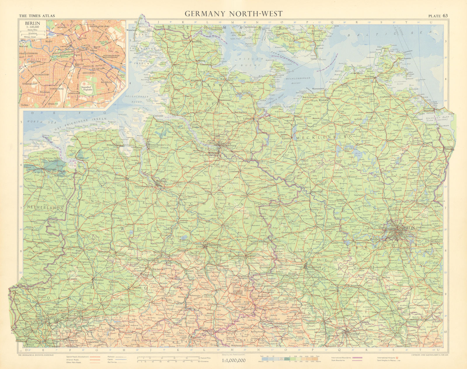 Associate Product Northern Germany. Berlin plan. Road network autobahnen. TIMES 1955 old map