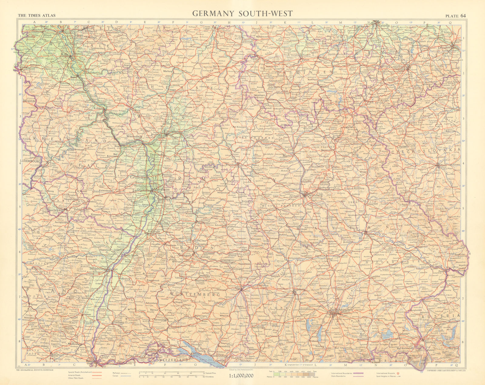 Germany south-west. Bavaria Bayern & Baden-Wurttemberg. TIMES 1955 old map