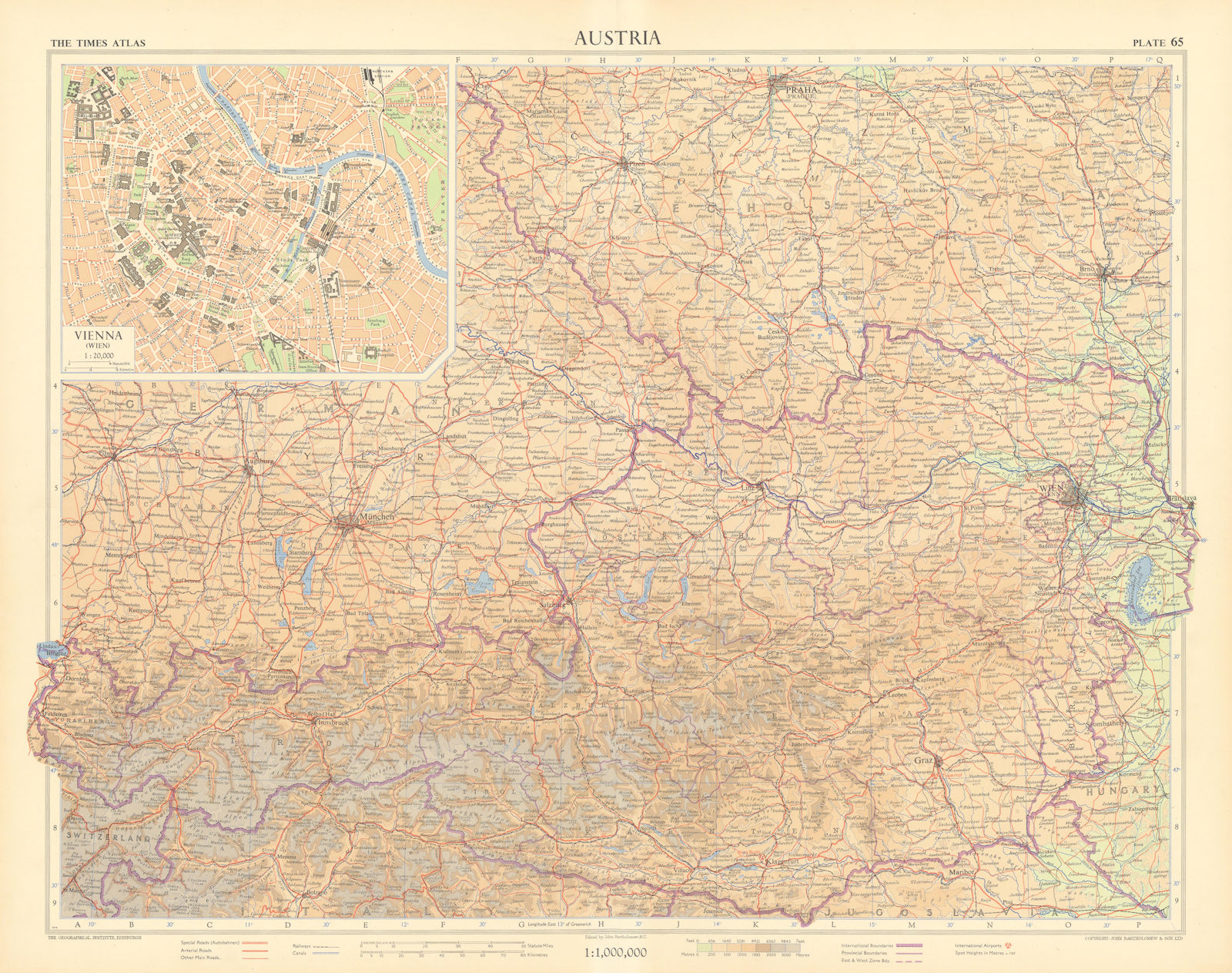 Austria. Vienna plan. TIMES 1955 old vintage map chart