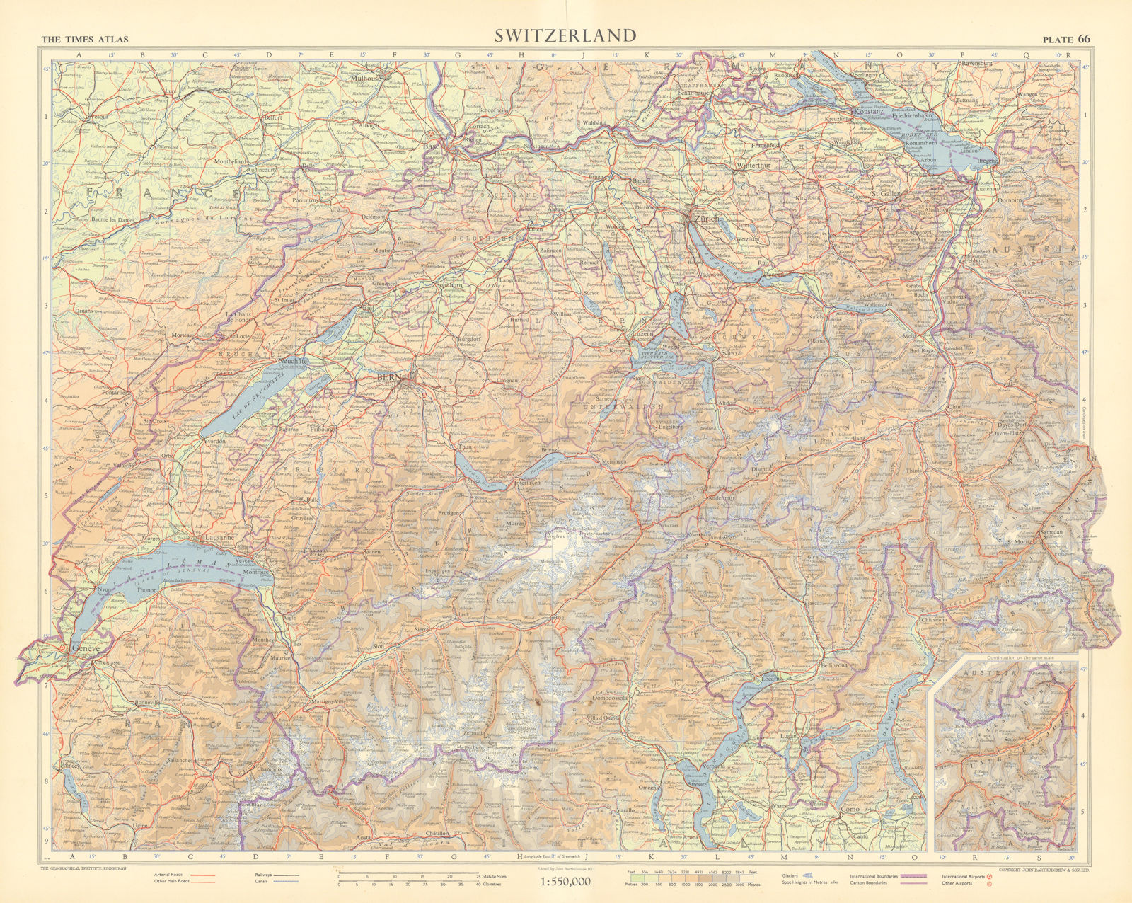 Switzerland showing glaciers. TIMES 1955 old vintage map plan chart
