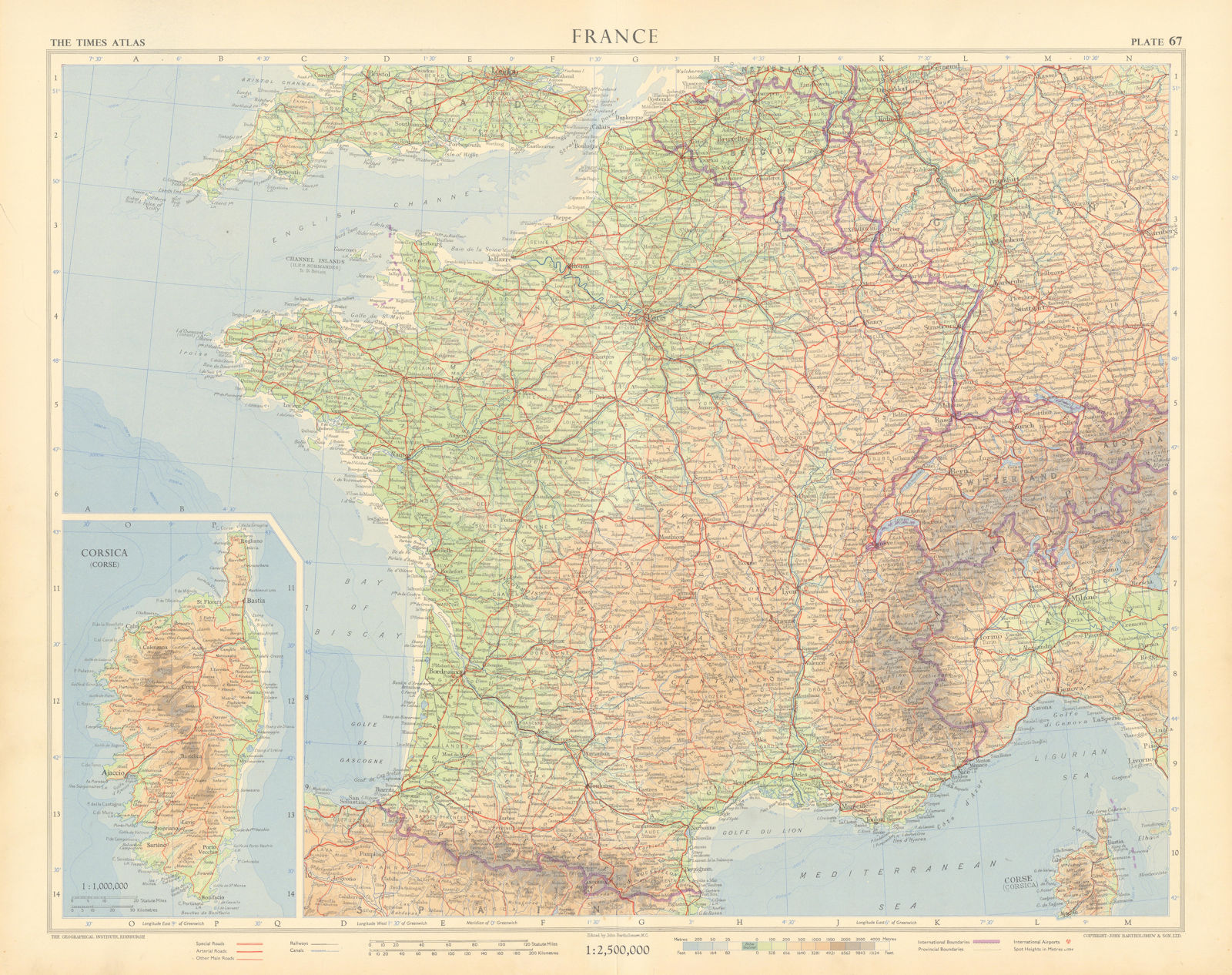 France & Corsica. Road network. TIMES 1955 old vintage map plan chart