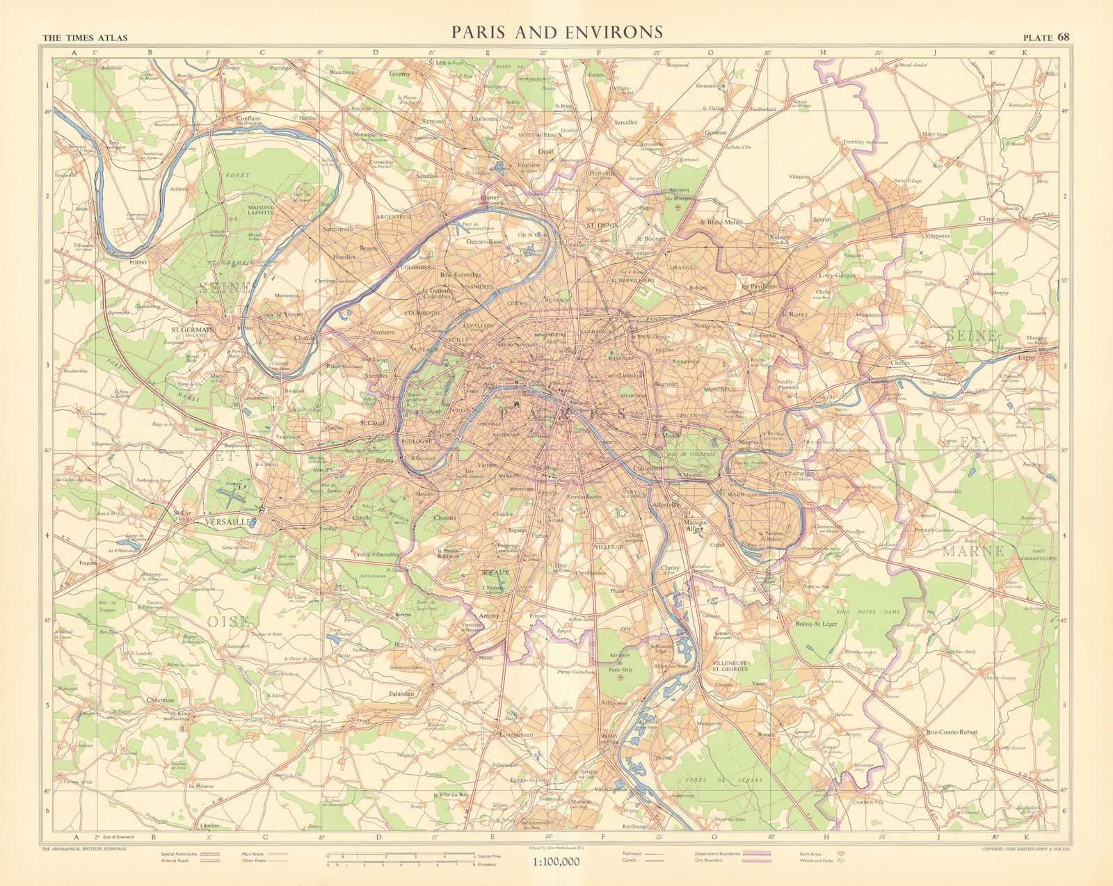 Paris and environs. Shows "Special autoroutes". TIMES 1955 old vintage map