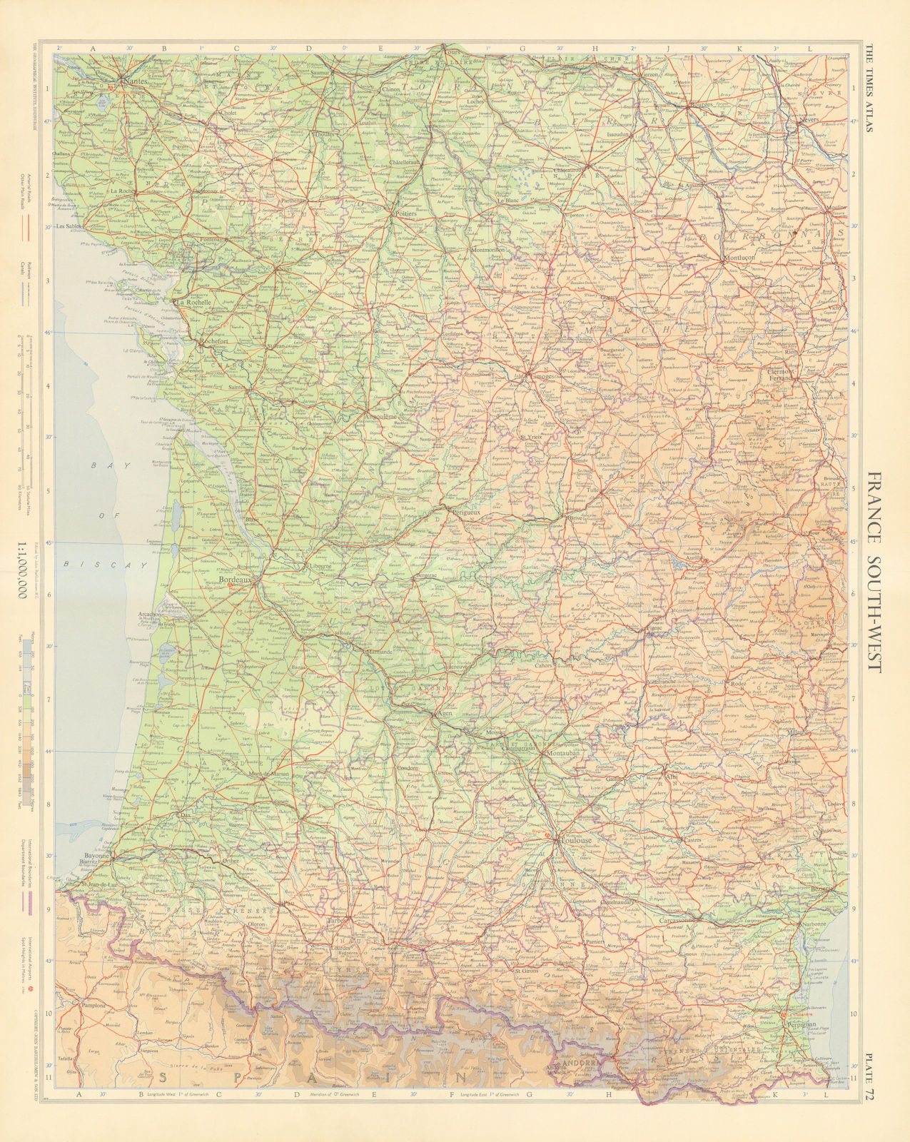 France south-west. Aquitaine Occitanie. TIMES 1955 old vintage map plan chart