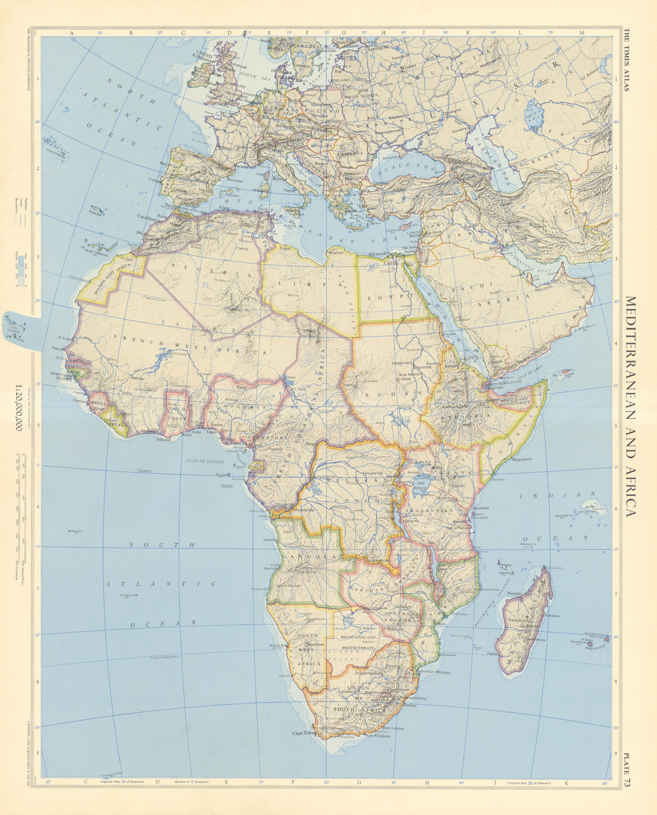 Africa. French Equatorial Africa. Rhodesia. Belgian Congo. TIMES 1956 old map