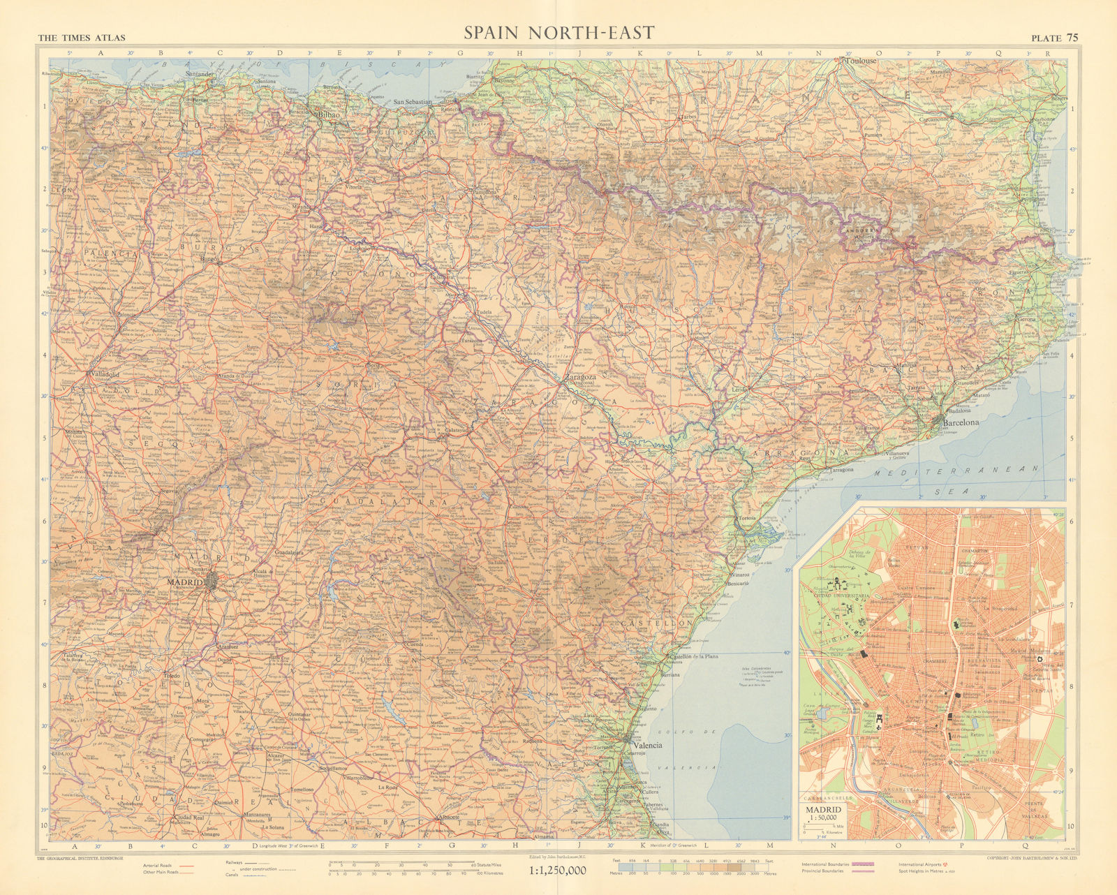 Spain north-east. Madrid plan.  Cataluña Catalonia & Aragon. TIMES 1956 map