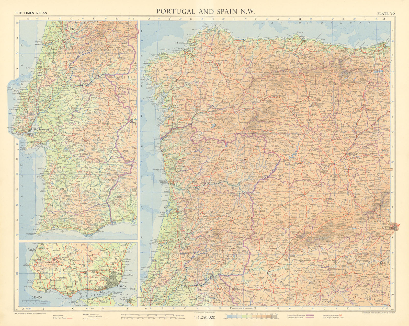 Portugal & North-west Spain. Lisbon area. Galicia Leon Asturias. TIMES 1956 map